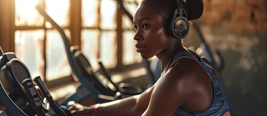Fit African woman working out on a digital exercise bike engaging in cardio to maintain her health...