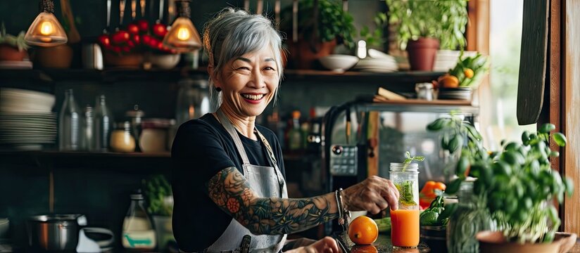 Healthy Asian Aunt Retired Female Woman Enjoy Making Cook Clean Food Breakfast For Her Healthy Food Lifestyle Smiling Cheerful Woman Silver Hair With Tattoo Prepare Smoothie Juice Drink For Her