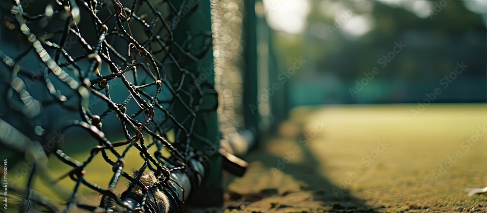 Poster a close up view of a grass practice cricket nets. copy space image. place for adding text