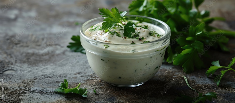 Poster tartar sauce in a bowl with organic ingredients from classic recipe top view on rustic grey concrete