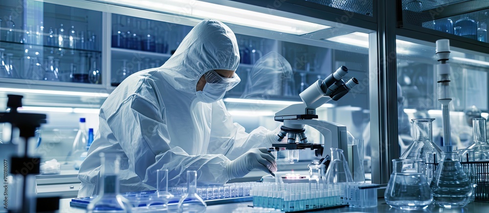 Poster in a secure high level laboratory scientists in a coverall conducting a research chemist adjusts sam