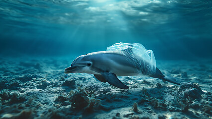 Dolphin trapped in a plastic bag. - obrazy, fototapety, plakaty