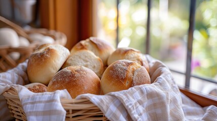 A basket of bread sitting on top of a table. Suitable for food and kitchen-related projects