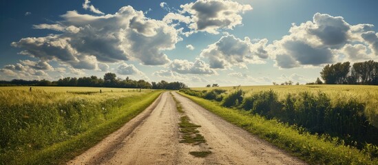 country road in summer field and clouds on blue sky. Copy space image. Place for adding text - obrazy, fototapety, plakaty
