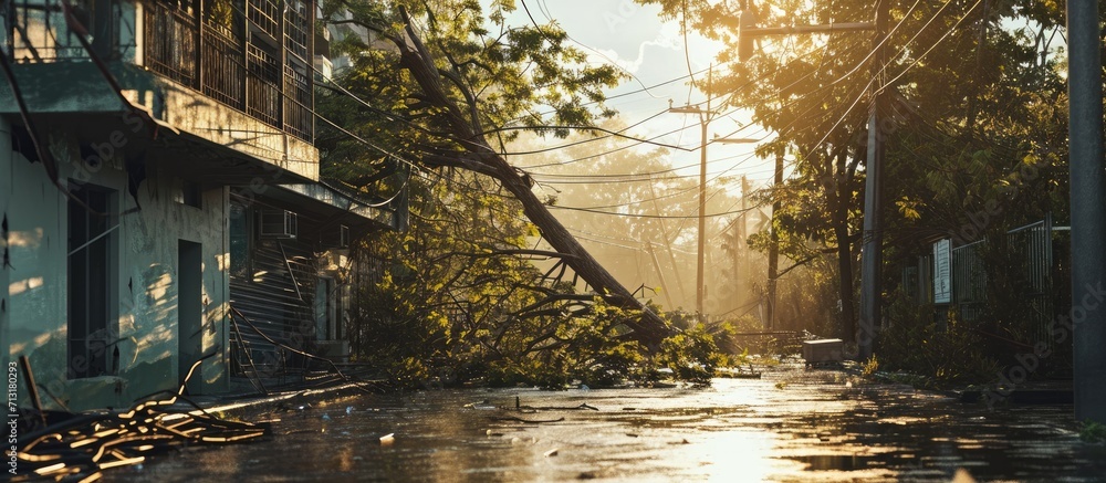 Poster a tree down beside a building near power lines after a hurricane. copy space image. place for adding