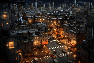 Fototapeta premium Aerial view of office buildings and traffic in downtown at night