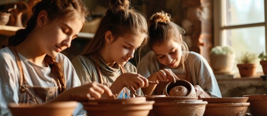 girls and mother teen potter clay bowl working in pottery workshop traditional Arts The inscription on the pottery table. Copy space image. Place for adding text