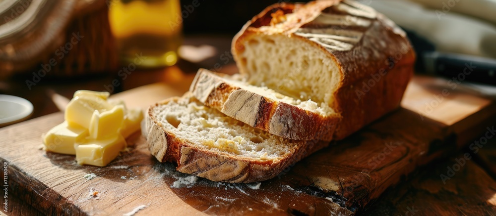 Poster closeup sourdough slice of homemade white loaf bread with butter. copy space image. place for adding