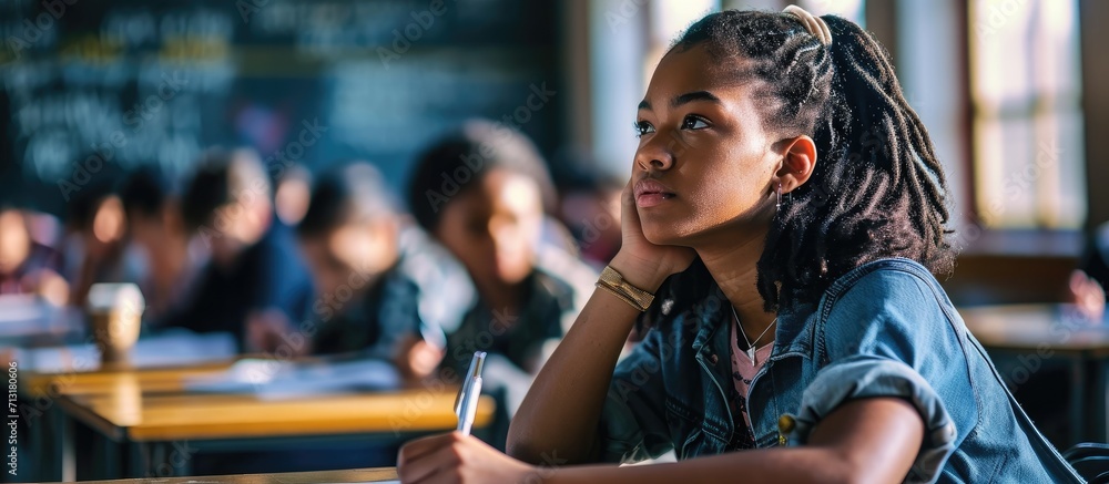 Poster beautiful black female student sitting among her fellow students in the classroom she s writing in t
