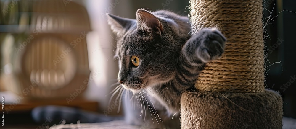 Poster a gray cat is playing on scratching post cardboard scratching post a gray cat is caressing on a scra