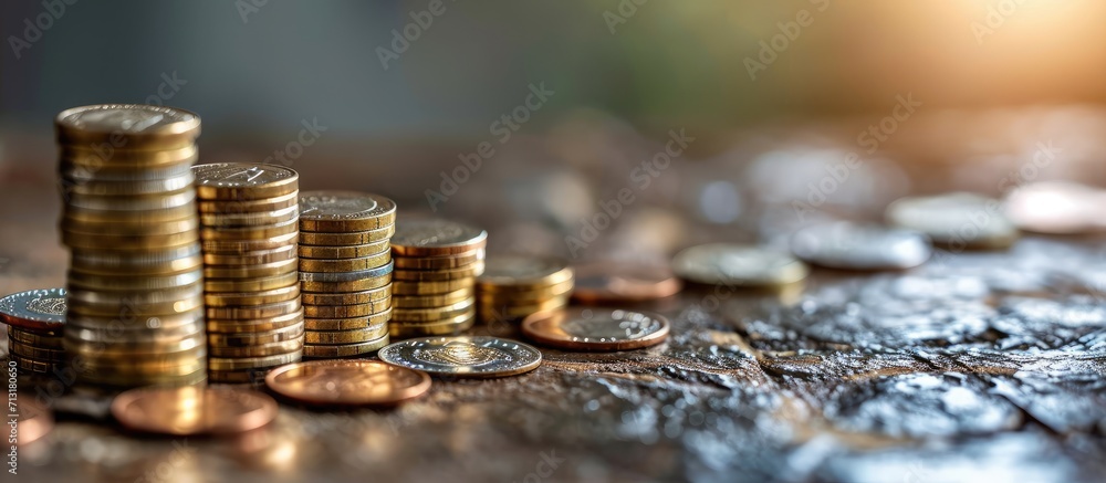 Poster stack of coins next to a downward curve symbolizing the loss of value of money due to inflation. cop
