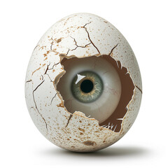 eye peeping on cracked white egg, isolated on white background
