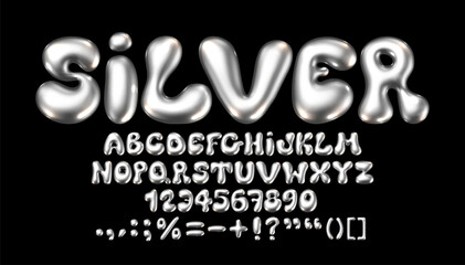 Glossy metallic silver font. Inflated alphabet, 3D ballon letters and numbers. Vector set