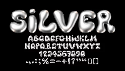Fototapeten Glossy metallic silver font. Inflated alphabet, 3D ballon letters and numbers. Vector set © BonkiStudio
