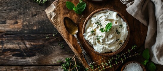 Vegan fresh cheese cream on wooden board Top view. Copy space image. Place for adding text