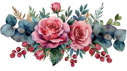 watercolor, flowers roses of pink on a white background, decorative pattern, of floral motifs, minimalist design