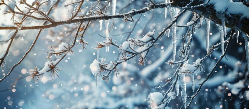 Frosted tree branches covered with ice and icicles on snowy background. Copy space image. Place for adding text
