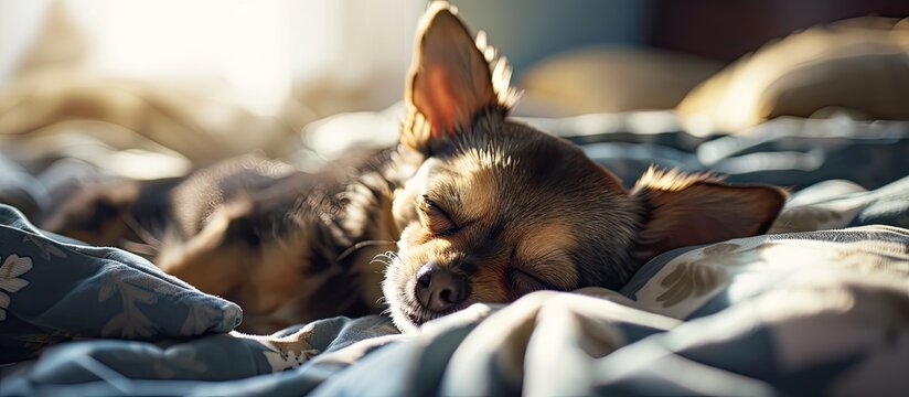 Small cute sleepy chihuahua dog is sleeping or napping on bed in bedroom in morning with light form window Tried puppy sleep rest and relax on comfortable cozy in lazy weekend. Copy space image