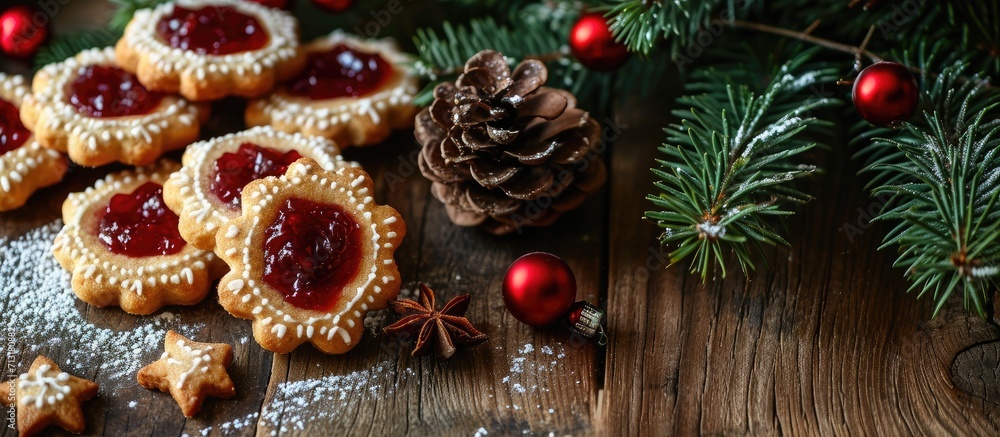 Poster plate with christmas or new year shortcrust cookies with red jam traditional festive austrian cookie