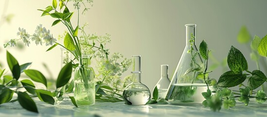 Natural organic extraction and green herbal leaves Flower aroma essence solution in laboratory. Copy space image. Place for adding text - obrazy, fototapety, plakaty