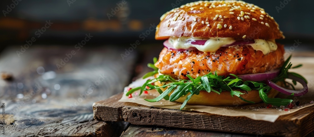 Poster homemade salmon burger with tartar sauce and onion. copy space image. place for adding text