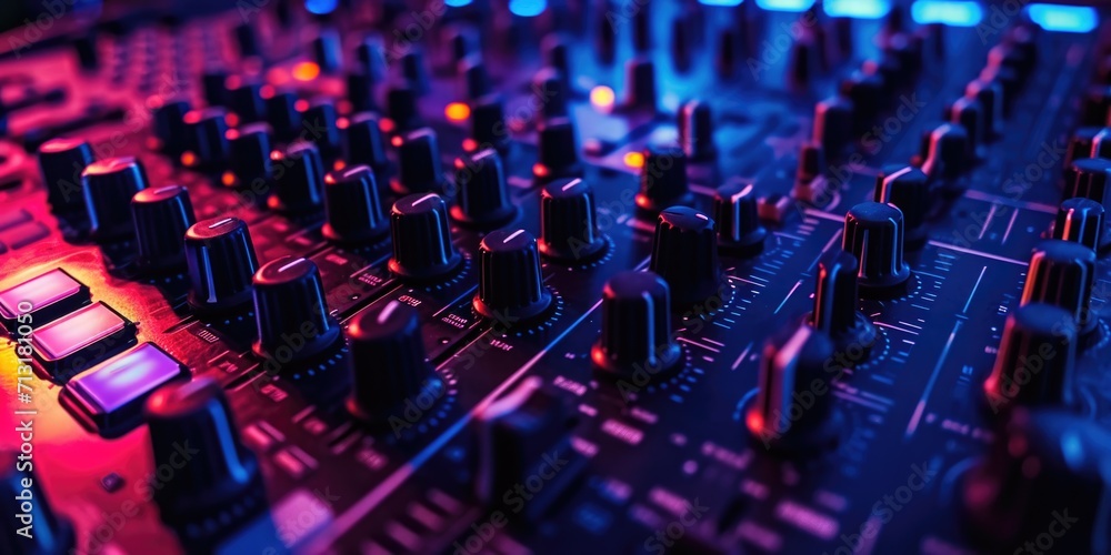 Aufkleber a detailed close-up of a mixing board with numerous knobs and controls. perfect for illustrating the