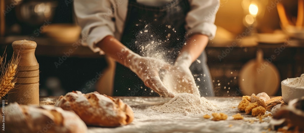 Poster home cooking pancake bakery preparation whisking flour and water making bread at home bread baking. 