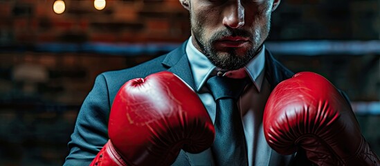 closeup punch of cropped businessman man in boxing gloves ready for corporate business battle selective focus knockout. Copy space image. Place for adding text - obrazy, fototapety, plakaty