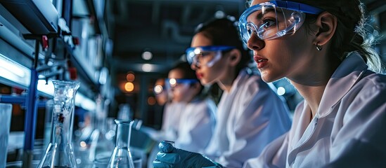 Front view of curious students wearing lab coats and safety goggles closely watching an experiment conducted by the chemistry teacher in a science laboratory. Copy space image. Place for adding text