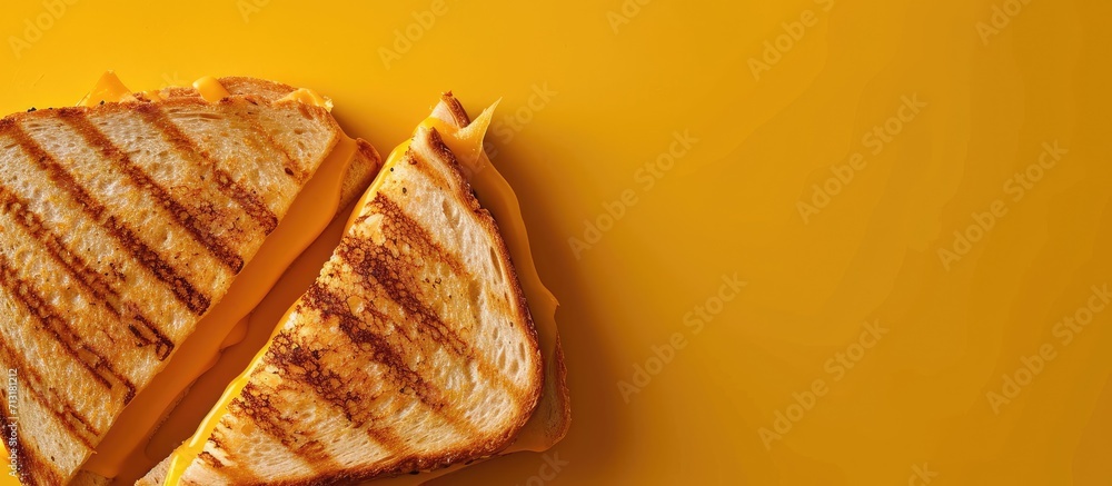Poster grilled sandwich with melted cheese top view. copy space image. place for adding text
