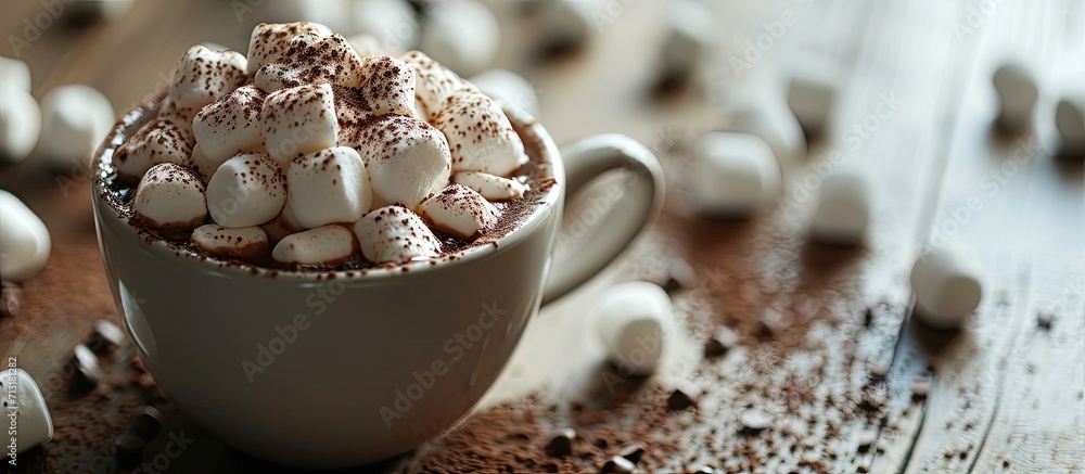 Poster a mug of hot cocoa garnished with chocolate dipped marshmallows. copy space image. place for adding 