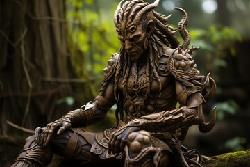 
a serpentine humanoid wood sculpture that stylistically resembles Native American and ancient Chinese art