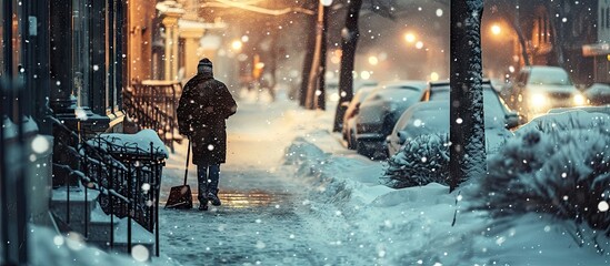 Man clear snow from sidewalk cleans footpath from snow during blizzard Utility worker shoveling...