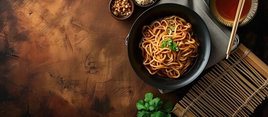 Noodles with Black Soybean Sauce. Copy space image. Place for adding text