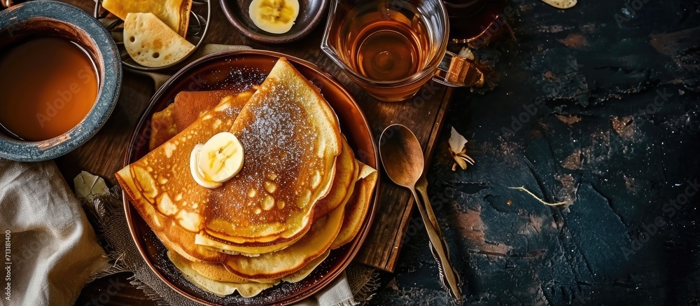 Poster staple of yeast pancakes traditional for russian pancake week shrove tide. copy space image. place f