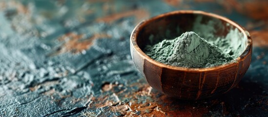Green bentonite clay powder in a bowl Clay texture close up Diy mask and body wrap recipe Natural beauty treatment and spa. Copy space image. Place for adding text - obrazy, fototapety, plakaty
