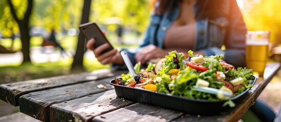 Close up woman using meal tracker app on phone while eating salad at picnic table in the park on a break Healthy balanced diet lunch box Healthy diet plan for weight loss Selective focus