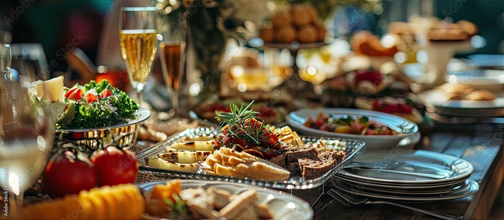 Poster luxury food and drinks on wedding table shallow dof. copy space image. place for adding text