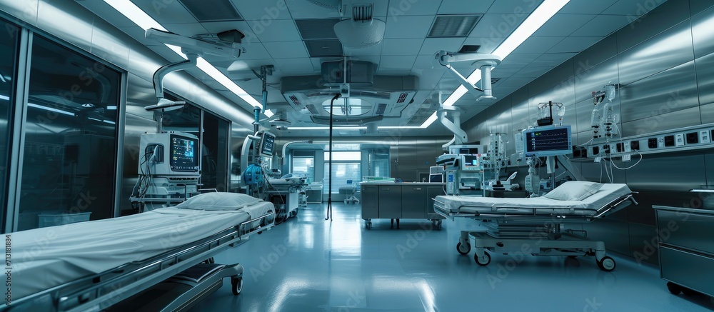Poster modern medical devices in hospital emergency room emergency operating technology. copy space image. 