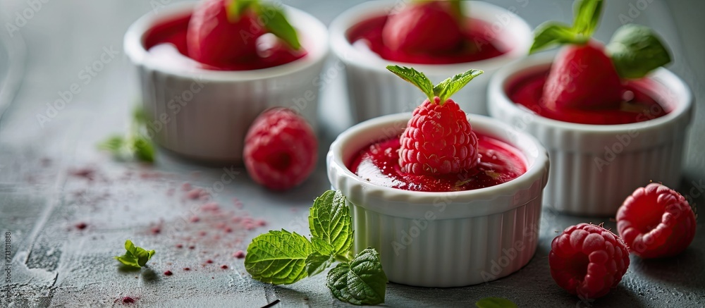 Aufkleber chocolate pots de creme dessert in ramekins with raspberries. copy space image. place for adding tex