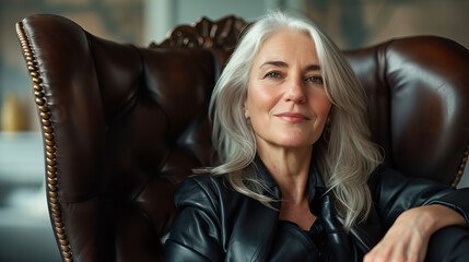 portrait of an elegant, mature business woman sitting in a luxury, leather chair - obrazy, fototapety, plakaty