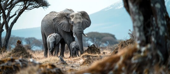 A mother elephant teaching her baby how to survive. Copy space image. Place for adding text
