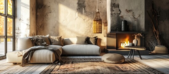 Stylish living room details and modern design with sofa details of couch and pillows Boho design comfortable sofa with textures and modern furniture next to fireplace. Copy space image