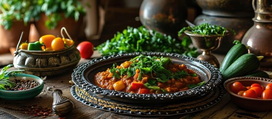 A high angle view color studio image of Egyptian Arabian Middle Eastern Traditional food Fava Beans with Vegetables Green Paprika A K A Foul Also served in Lebanon and most of Arabian countrie - obrazy, fototapety, plakaty