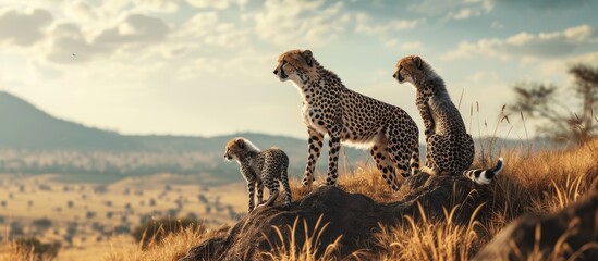 Cheetah and cubs look left on mound. Copy space image. Place for adding text