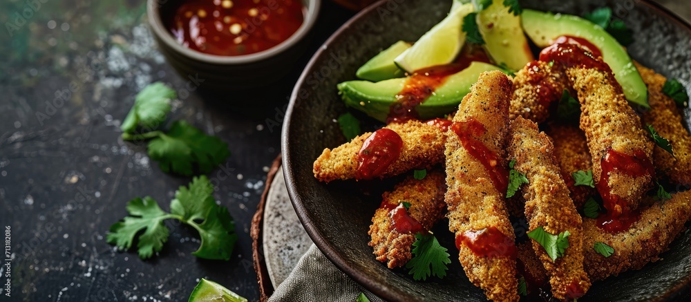 Poster homemade breaded fried avocado fries with chipotle sauce. copy space image. place for adding text