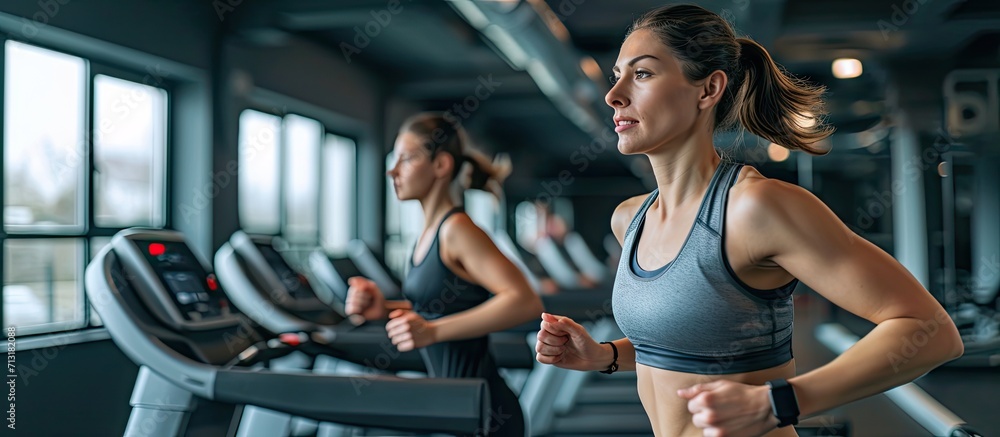 Poster group of young people running on treadmill in gym. copy space image. place for adding text
