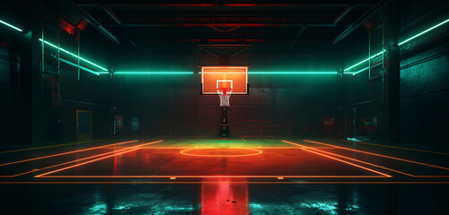 neon basketball court glowing on a dark background, red and yellow and green