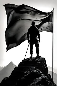 Man on top of mountain with flag depict the victory