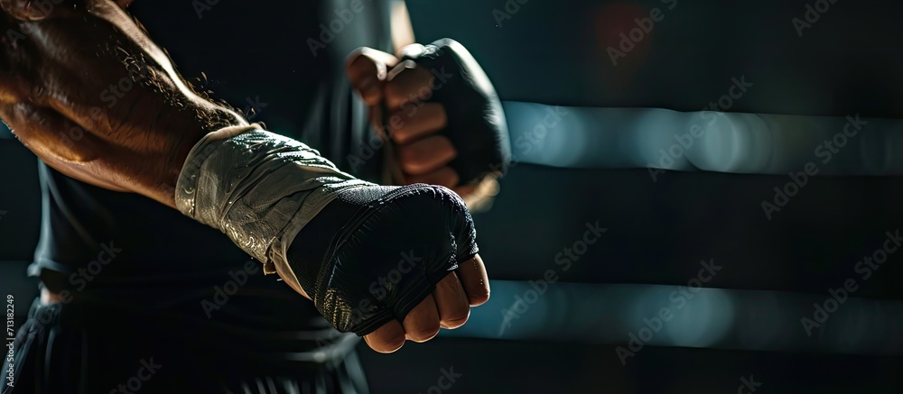 Poster anonymous male standing in dark room and wrapping palm thumb fingers one after another with care to 